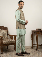 Men's Woven Design Silk Blend Nehru Jacket with Kurta Pyjama ( 65KPWC 5586Pi 4157Green )