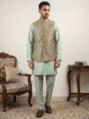 Men's Woven Design Silk Blend Nehru Jacket with Kurta Pyjama ( 65KPWC 5586Pi 4157Green )