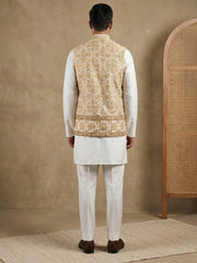 Silk Blend Embroidered Floral Nehru Jacket Kurta Set ( 65KPWC 5586W 4177Yellow )
