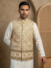 Silk Blend Embroidered Floral Nehru Jacket Kurta Set ( 65KPWC 5586W 4177Yellow )