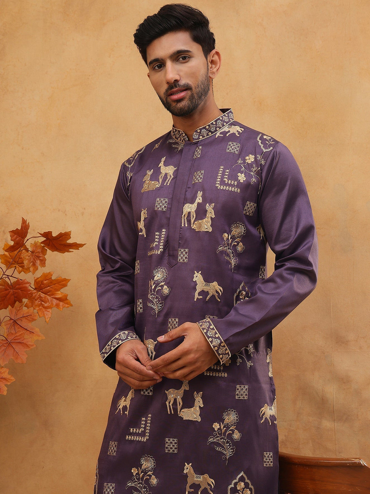Men Silk Blend Kurta Pyjama with Embroidery (65KP 5412 Purple ) [FF] [F-3]