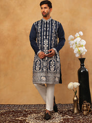 Men Silk Blend Embroidered Kurta Pyjama (65KP 5415 Navy ) [FF] [B-1-2]