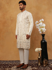 Men Silk Blend Embroidered Kurta Pyjama (65KP 5415 White ) [FF] [B-1-2]