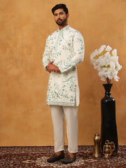 Silk Blend Embroidered Kurta with Pyjama (65KP 5426 White ) [FF] [A-1-4]
