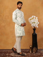 Silk Blend Embroidered Kurta with Pyjama (65KP 5426 White ) [FF] [A-1-4]