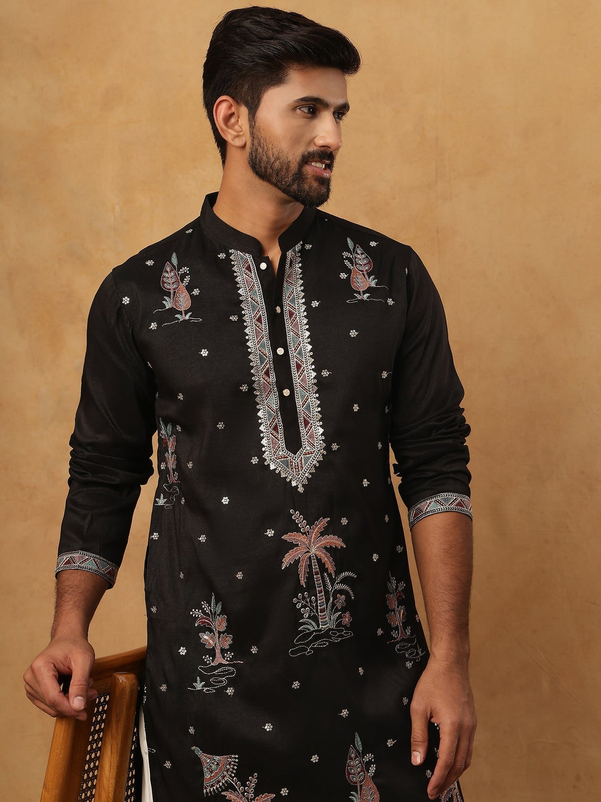 Silk Blend Embroidered Kurta with Pyjama (65KP 5431 Black ) [FF] [B-1-2]