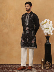 Silk Blend Embroidered Kurta with Pyjama (65KP 5431 Black ) [FF] [B-1-2]
