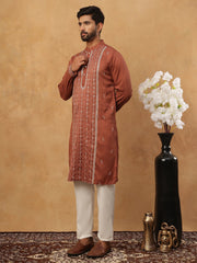 Luxury Silk Blend Thread Work Kurta Pyjama Set (65KP 5432 Brown ) [FF] [B-9]