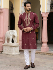 Men Japanese Fabric Embroidered Kurta Set ( 65KP 5473Maroon S ) [FF] [H-10]