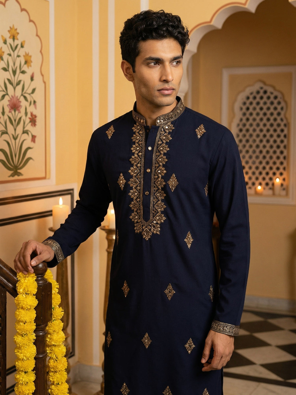 Men Japanese Fabric Embroidered Kurta Set ( 65KP 5473Navy S ) [FF] [H-10]