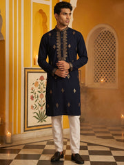 Men Japanese Fabric Embroidered Kurta Set ( 65KP 5473Navy S ) [FF] [H-10]