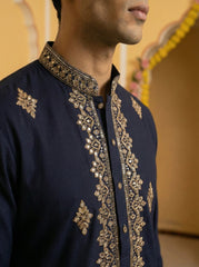 Men Japanese Fabric Embroidered Kurta Set ( 65KP 5473Navy S ) [FF] [H-10]