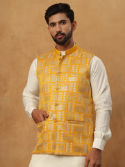 Men’s Silk Blend Embroidered Nehru Jacket (65WC 4150 Mustard )
