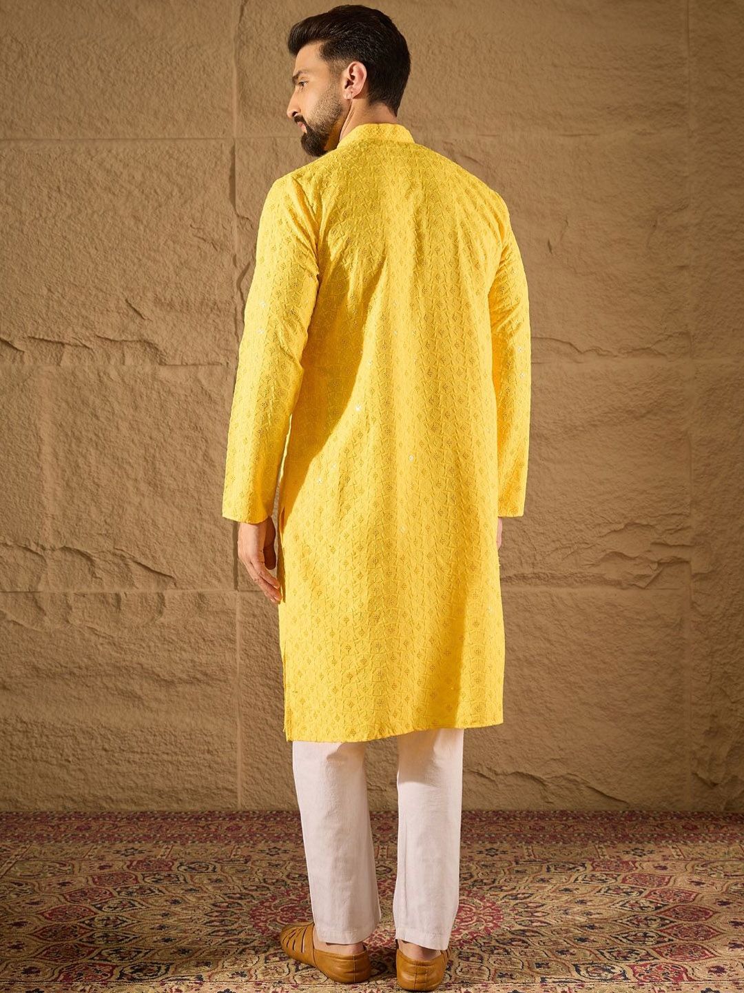 Men Yellow Viscose Rayon Solid Embroidered Straight Kurta With Pant Set-MKSET1222