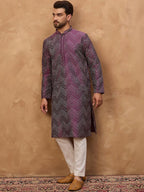 Men Purple Silk Blend Geometric Printed Straight Kurta With Pant Set-MKSET1521