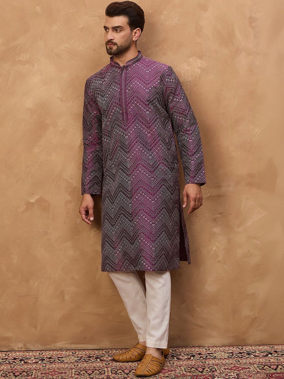 Men Purple Silk Blend Geometric Printed Straight Kurta With Pant Set-MKSET1521