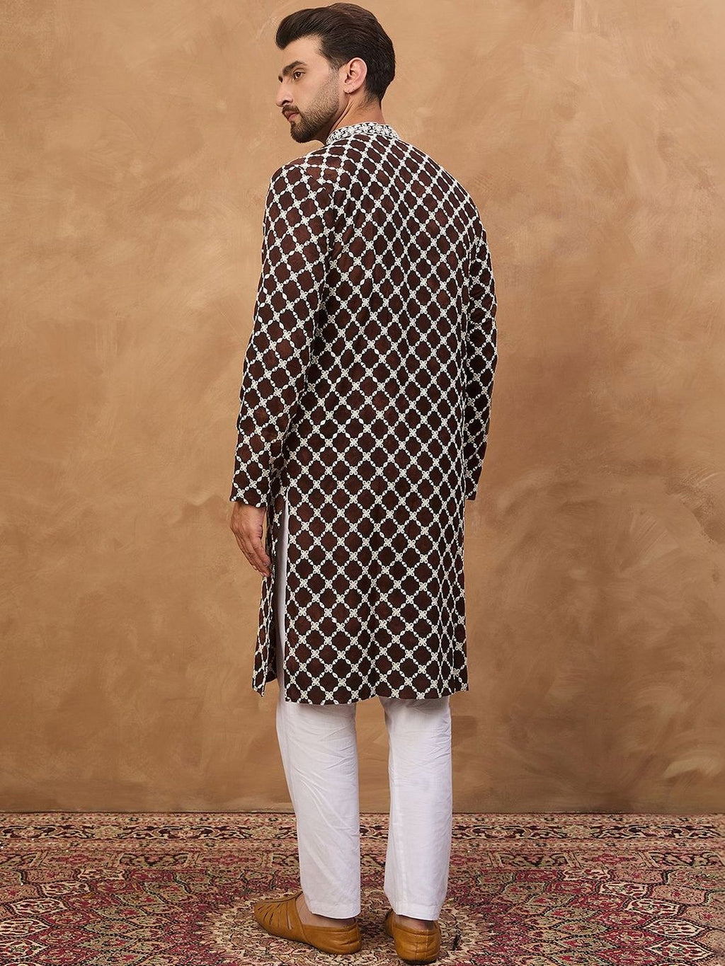 Men Brown Viscose Rayon Solid Embroidered Straight Kurta With Pant Set-MKSET1536