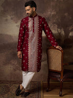 Men Maroon Silk Blend Solid Embroidered Straight Kurta With Pant Set-MKSET1369
