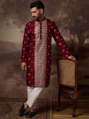 Men Maroon Silk Blend Solid Embroidered Straight Kurta With Pant Set-MKSET1369