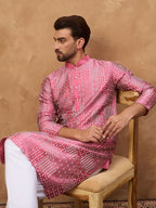 Men Pink Silk Blend Geometric Printed Straight Kurta With Pant Set-MKSET1526