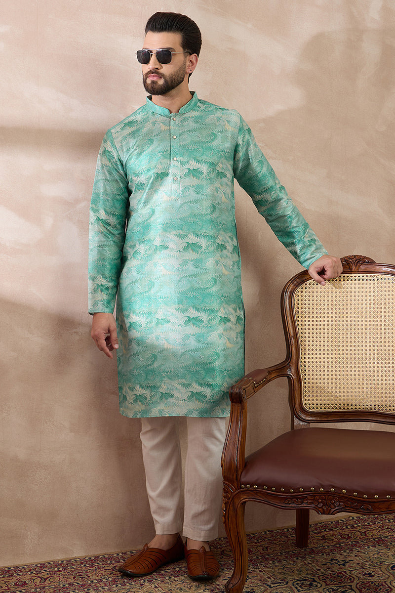 Green Silk Blend Printed Mandarin Collar Straight Kurta With Trouser MKSET2022