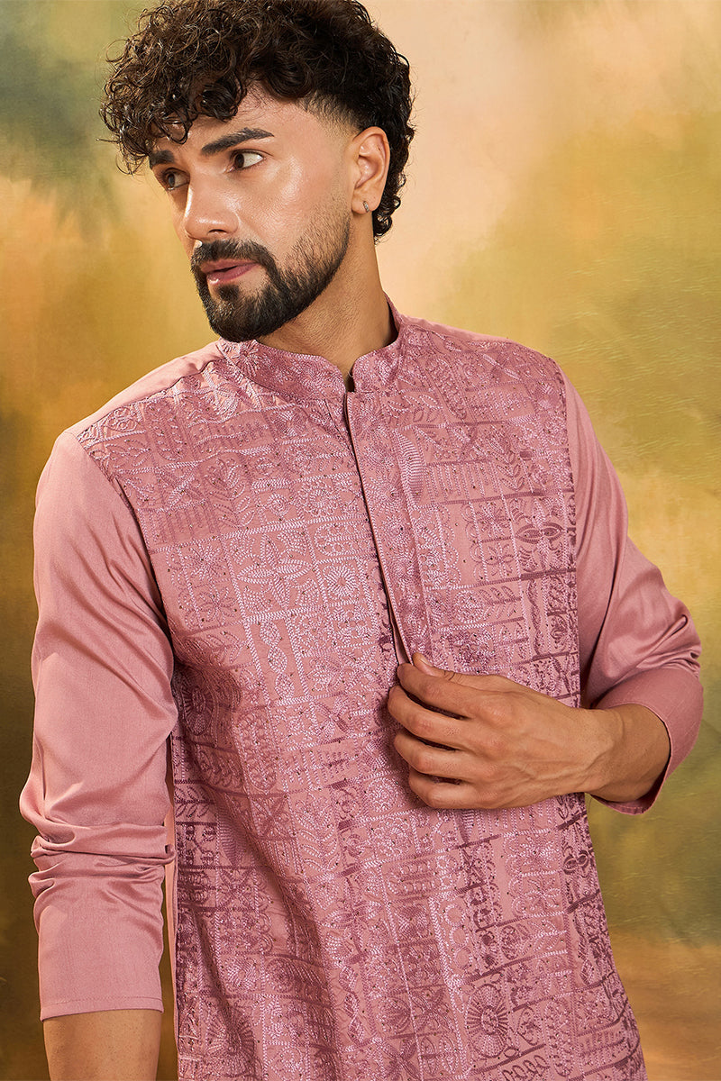 Mauve Silk Blend Solid Embroidered Straight Kurta MKU1495