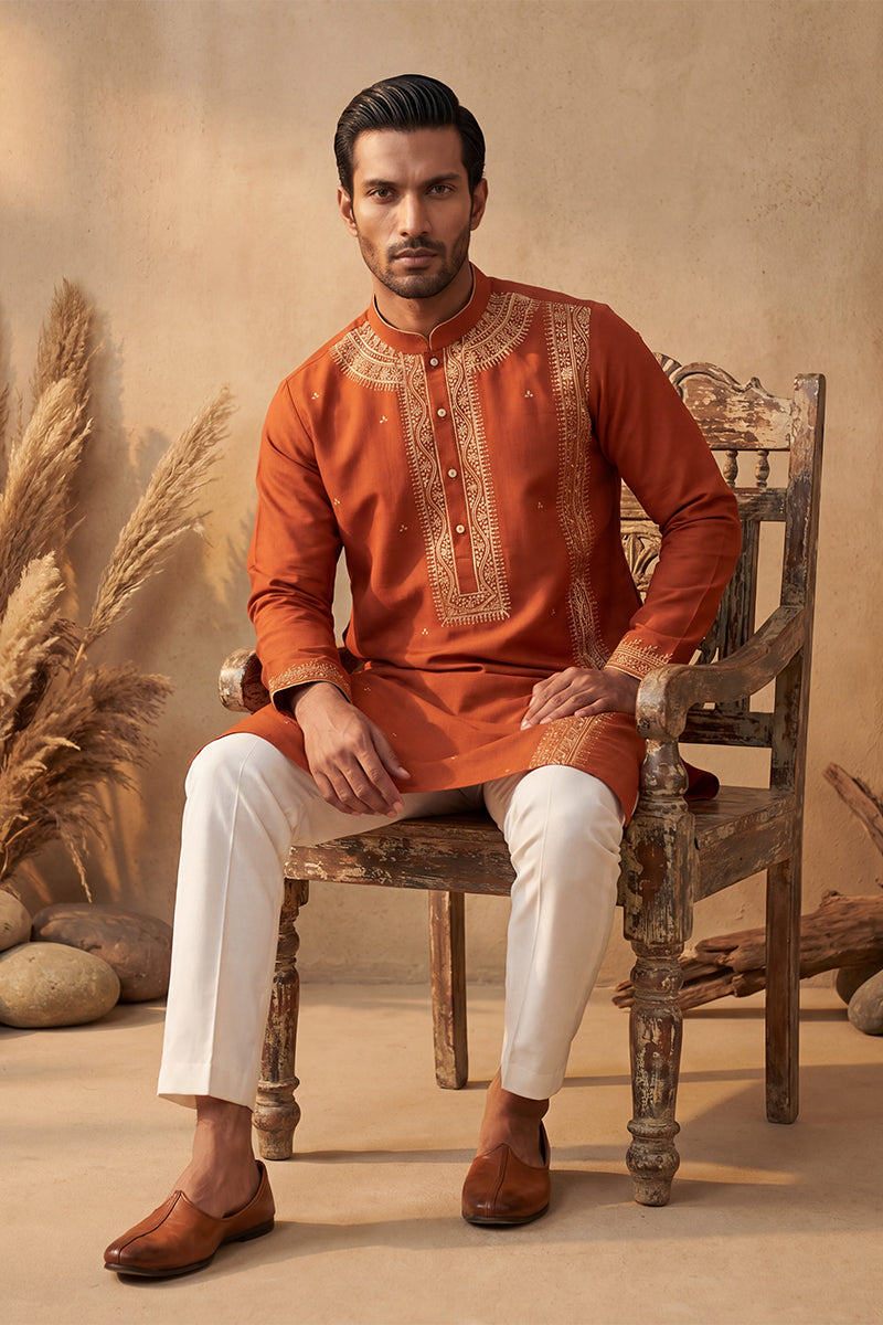 Orange Silk Blend Solid Emboidered Straight Kurta With Trouser MKSET2371