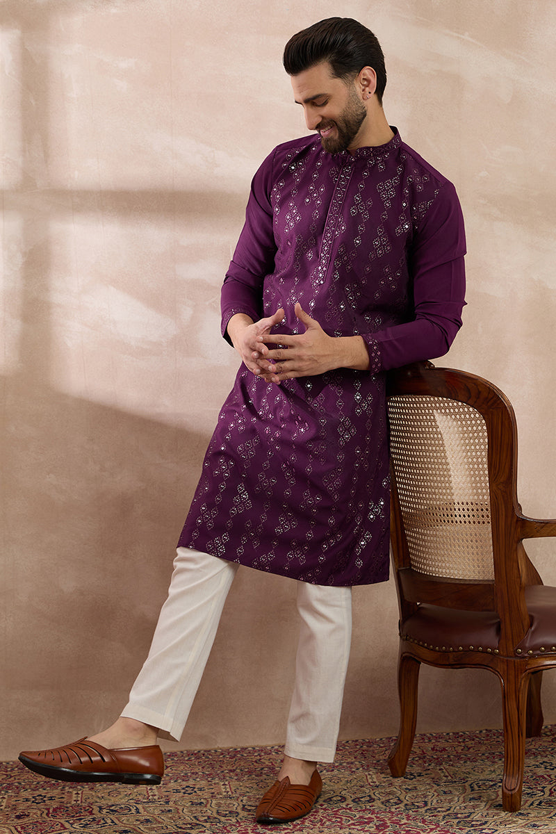Purple Silk Blend Embroidered Mandarin Collar Straight Kurta With Trouser MKSET2078