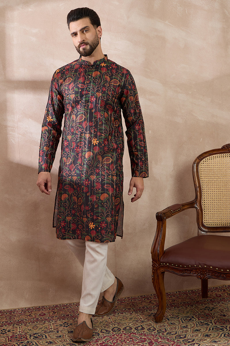 Black Silk Blend Embroidered Mandarin Collar Straight Kurta MKU2096