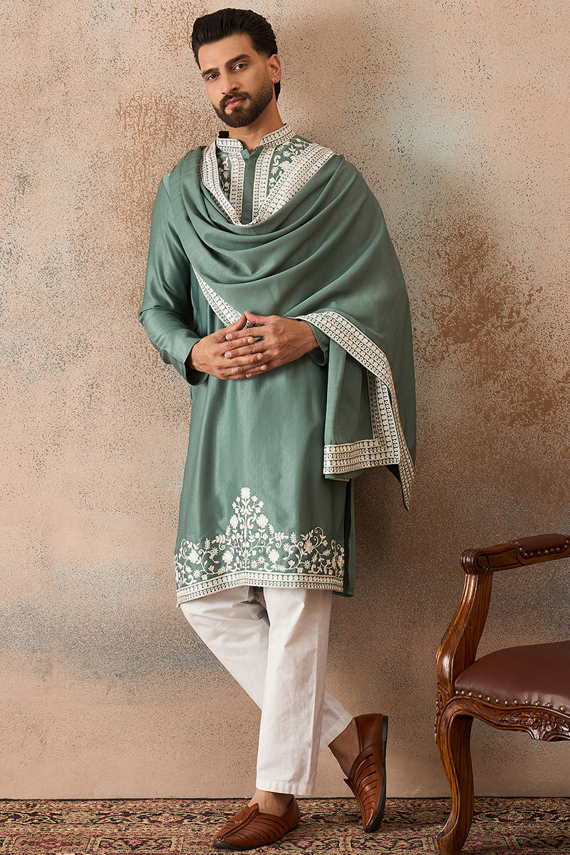 Green Silk Blend Solid Embroidered Kurta Trouser With Dupatta MKPD1040