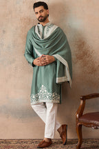 Green Silk Blend Solid Embroidered Kurta Trouser With Dupatta MKPD1040