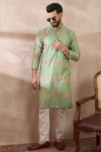 Green Silk Blend Printed Mandarin Collar Straight Kurta MKU2113