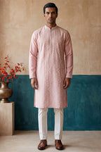 Pink Silk Blend Solid Embroidered Kurta MKU2088