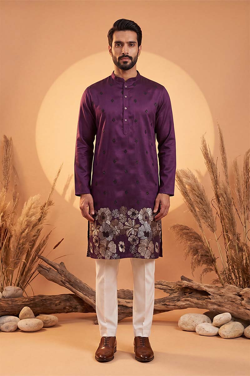 Violet Silk Blend Solid Embroidered Kurta MKU2104