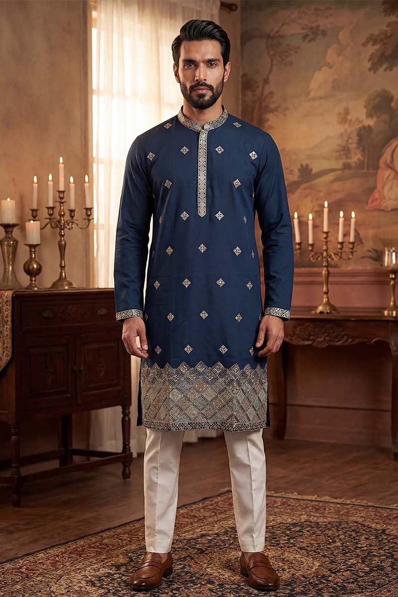 Silk Blend Blue Solid Embroidered Calf Length Straight Kurta With Trousers MKSET2099
