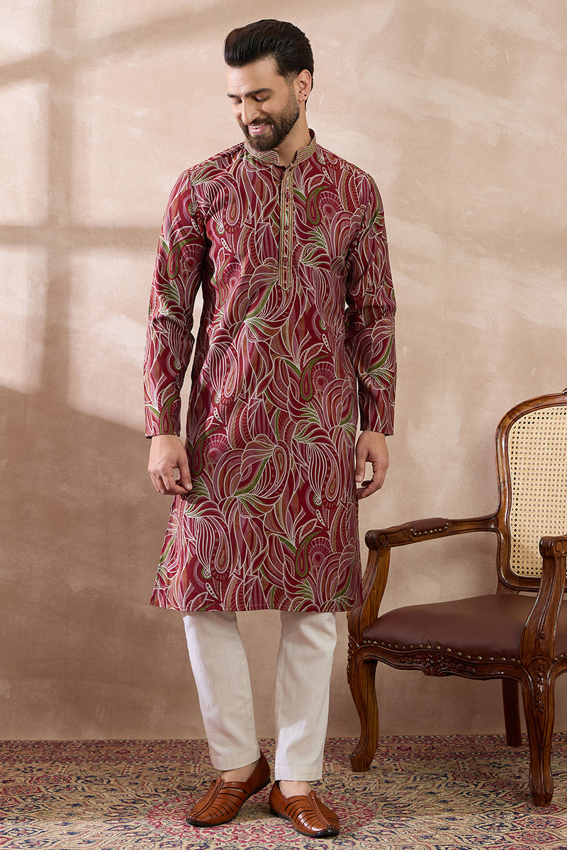 Red Silk Blend Printed Mandarin Collar Straight Kurta MKU1959