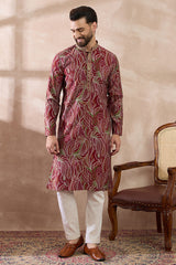 Red Silk Blend Printed Mandarin Collar Straight Kurta MKU1959