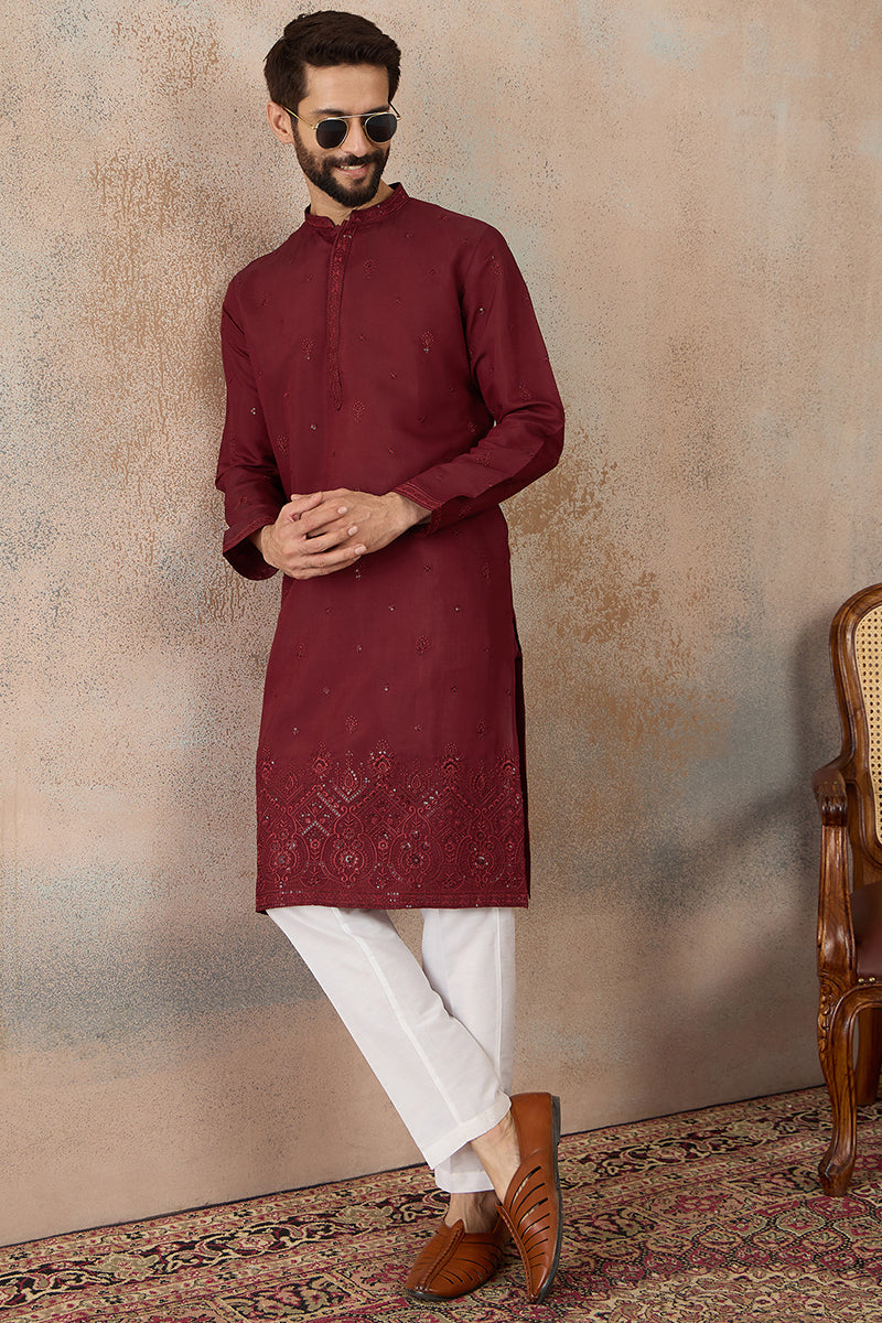 Maroon Silk Blend Solid Emboidered Straight Kurta MKU2289