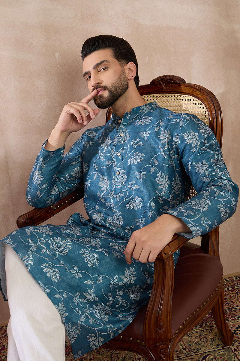 Blue Silk Blend Printed Mandarin Collar Straight Kurta MKU1998