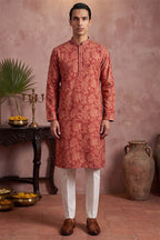 Red Silk Blend Floral Printed Kurta MKU1979