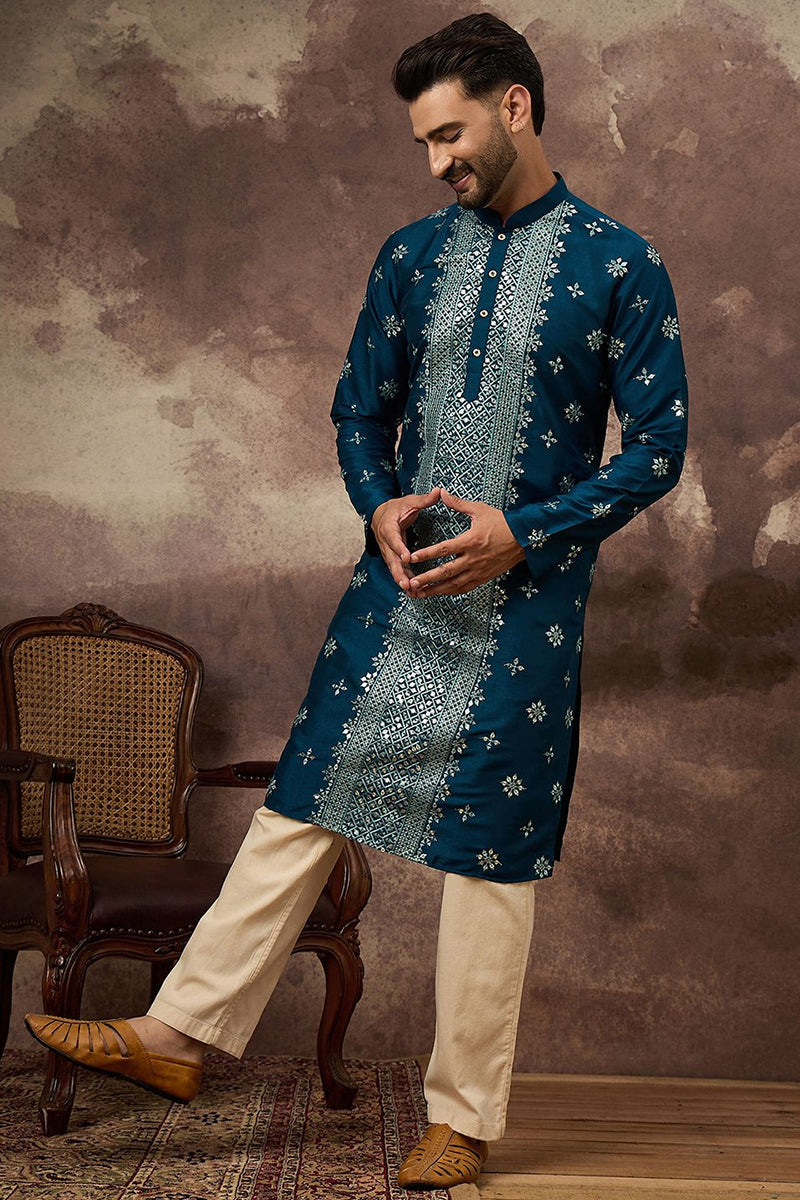 Blue Silk Blend Embroidered Indian Wear for Men MKU1371 | DesiQlo