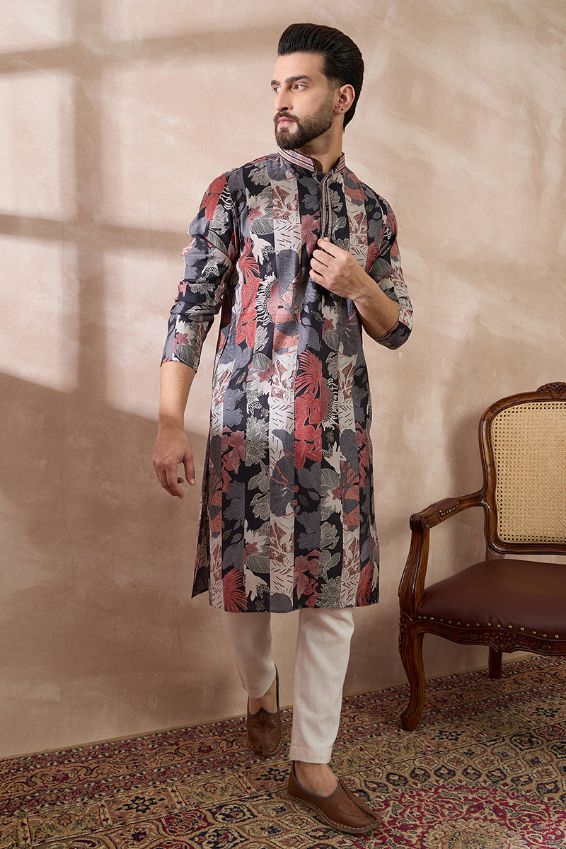 Black Silk Blend Printed Mandarin Collar Straight Kurta With Trouser MKSET1977