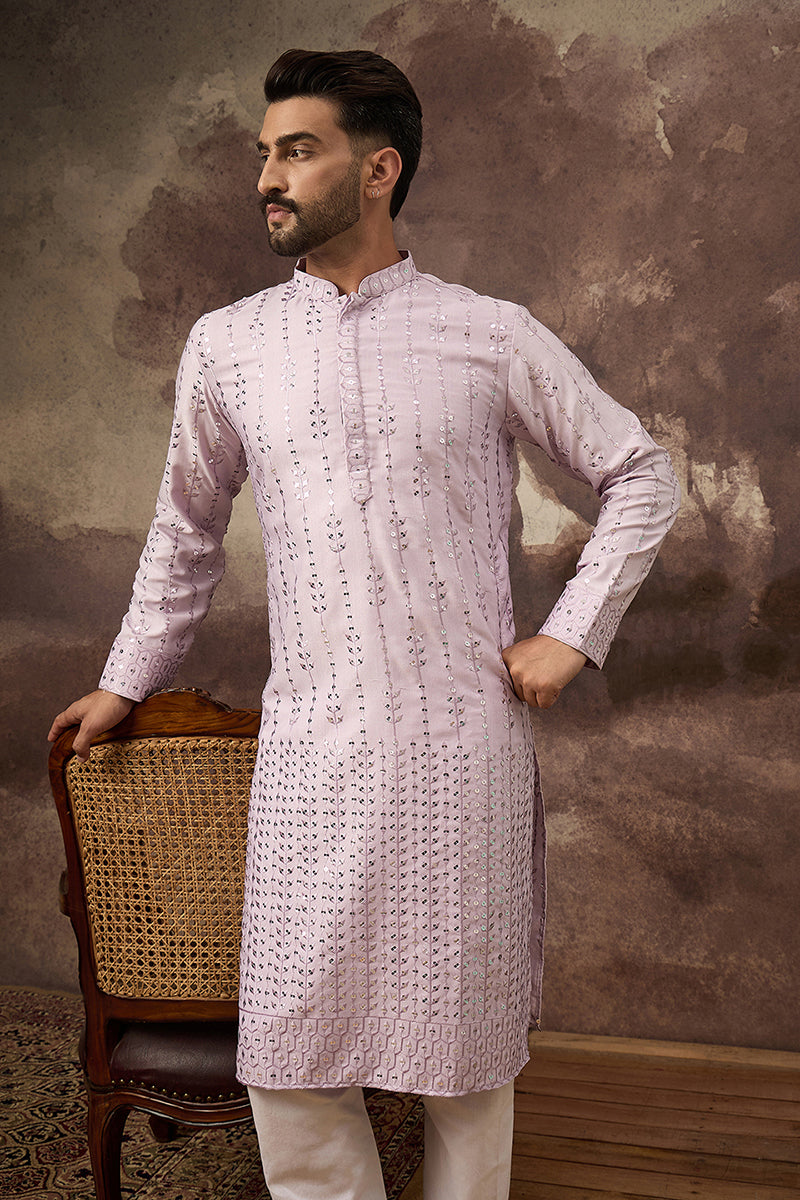Lavender Silk Blend Solid Embroidered Straight Kurta MKU1359