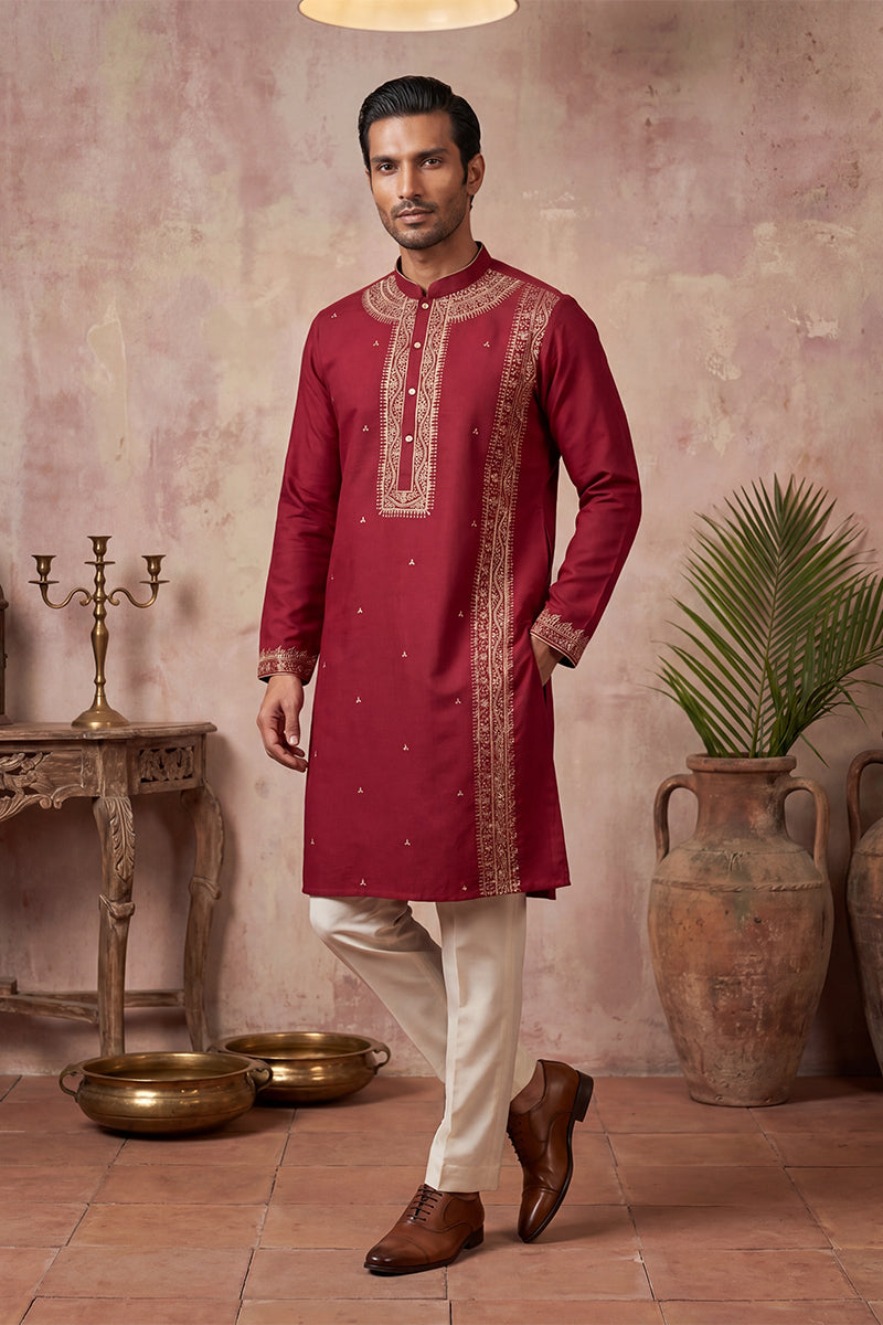 Red Silk Blend Solid Emboidered Straight Kurta With Trouser MKSET2314