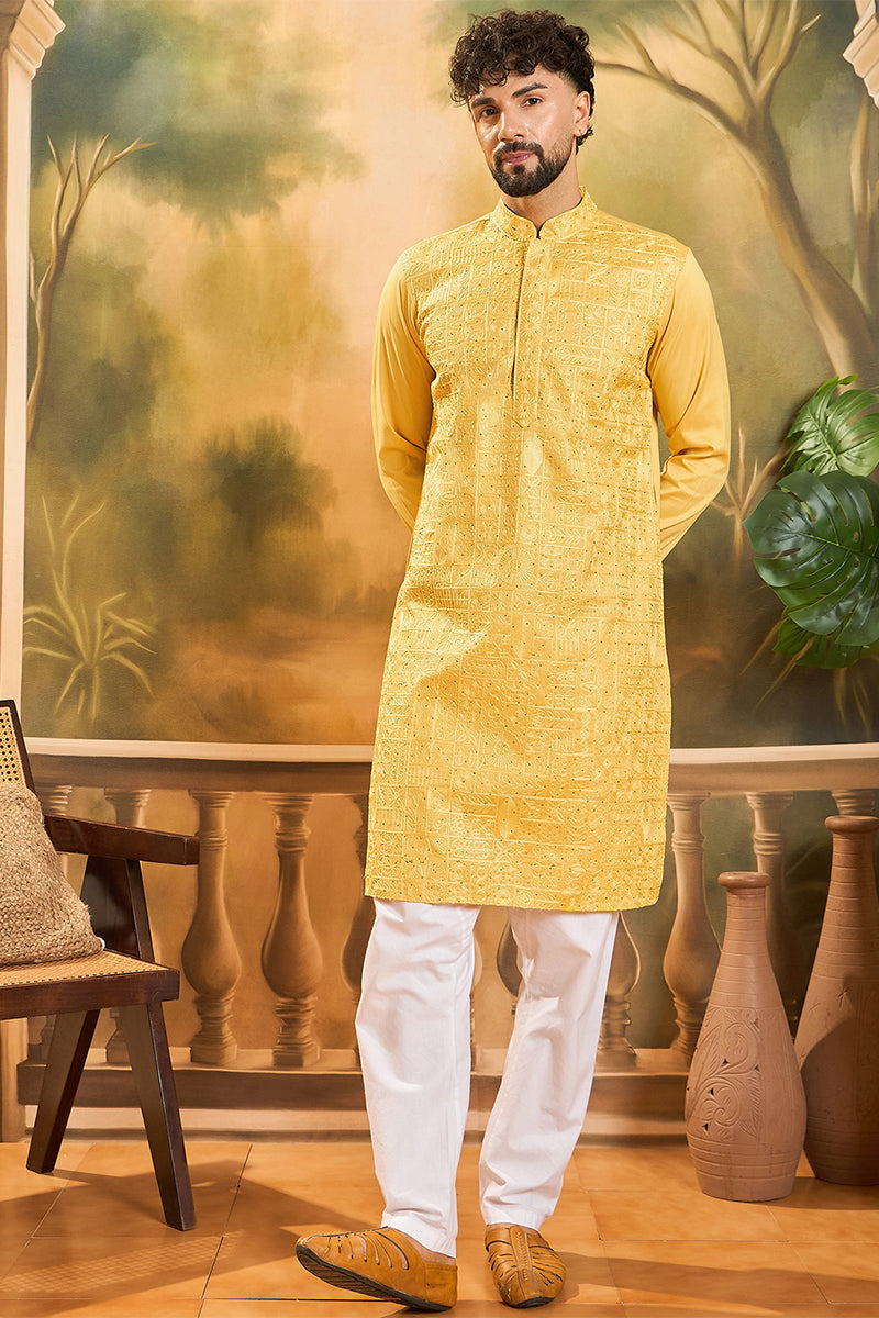 Yellow Silk Blend Solid Embroidered Straight Kurta MKU1494