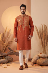 Orange Silk Blend Solid Emboidered Straight Kurta With Trouser MKSET2372