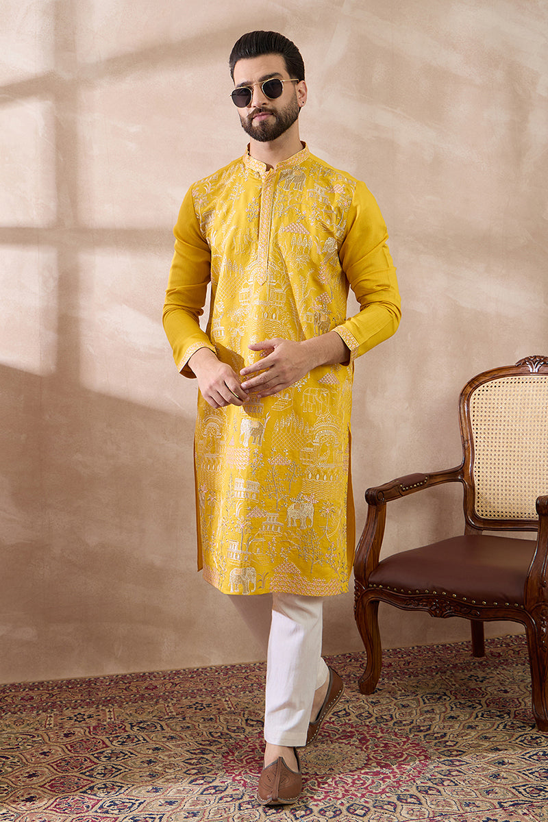 Yellow Silk Blend Embroidered Mandarin Collar Straight Kurta MKU2053