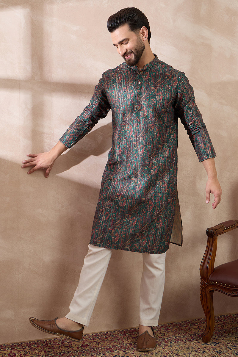 Green Silk Blend Printed Mandarin Collar Straight Kurta MKU2050
