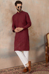 Maroon Silk Blend Solid Emboidered Straight Kurta With Trouser MKSET2289
