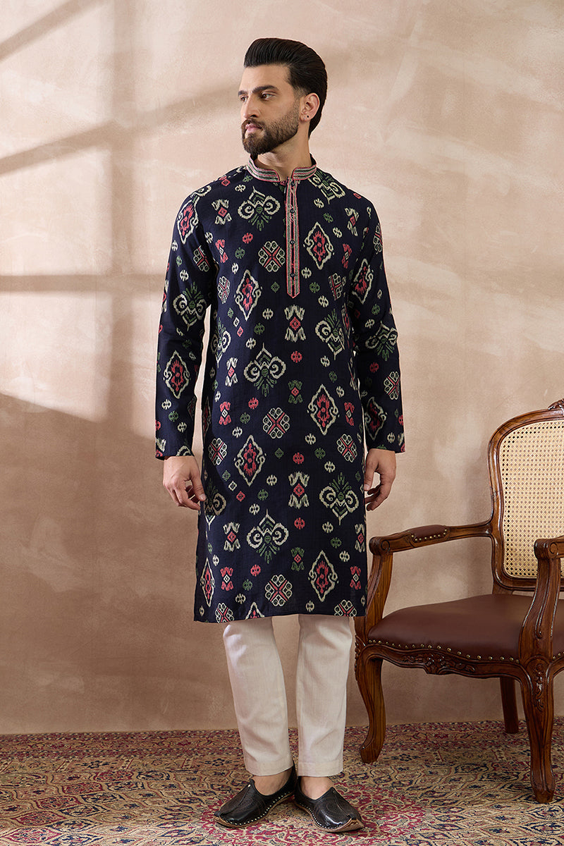 Blue Silk Blend Printed Mandarin Collar Straight Kurta MKU1987